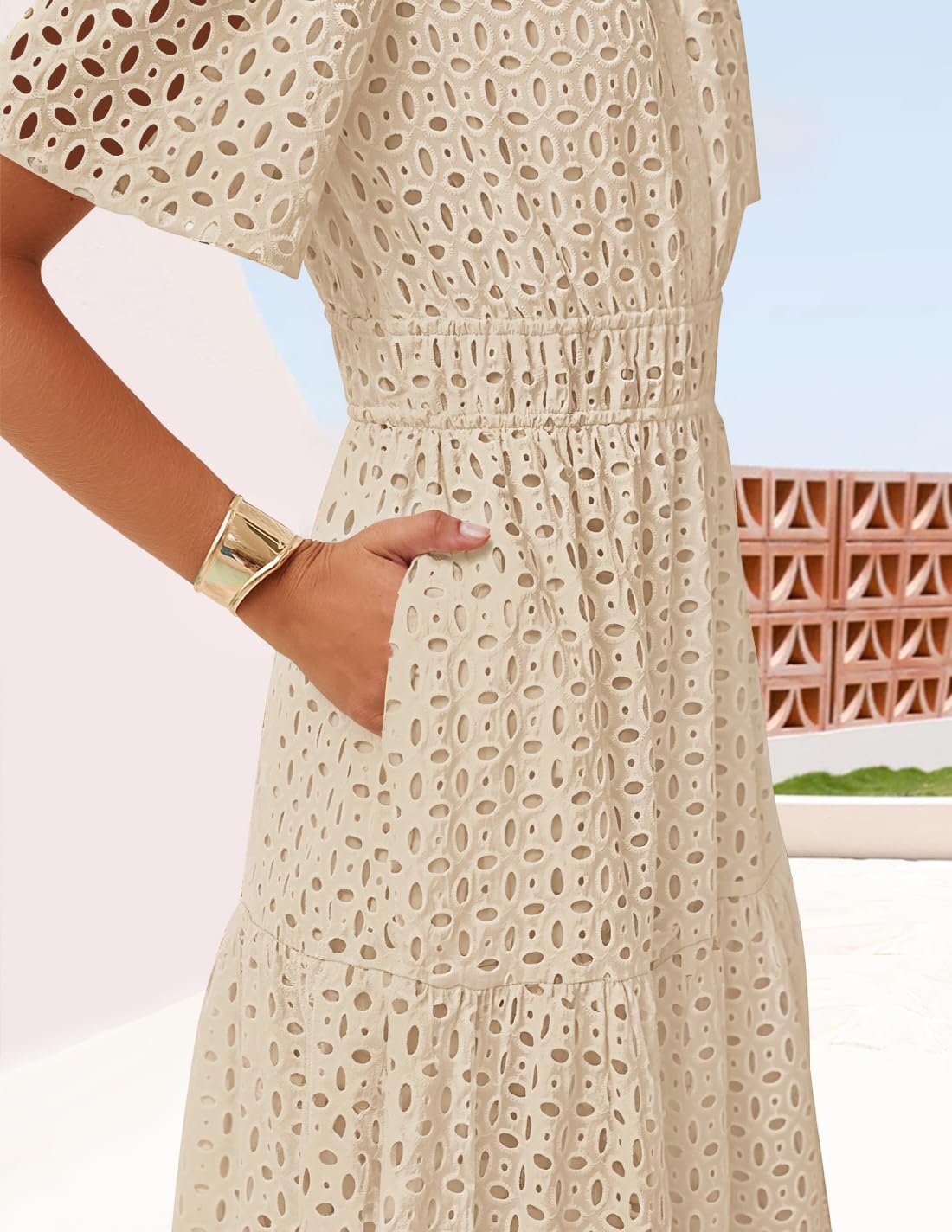 ZESICA Women's 2026 Summer Short Sleeve Maxi Dress Casual V Neck Hollow Out Eyelet Ruffle Swing A Line Long Dresses - Image 5