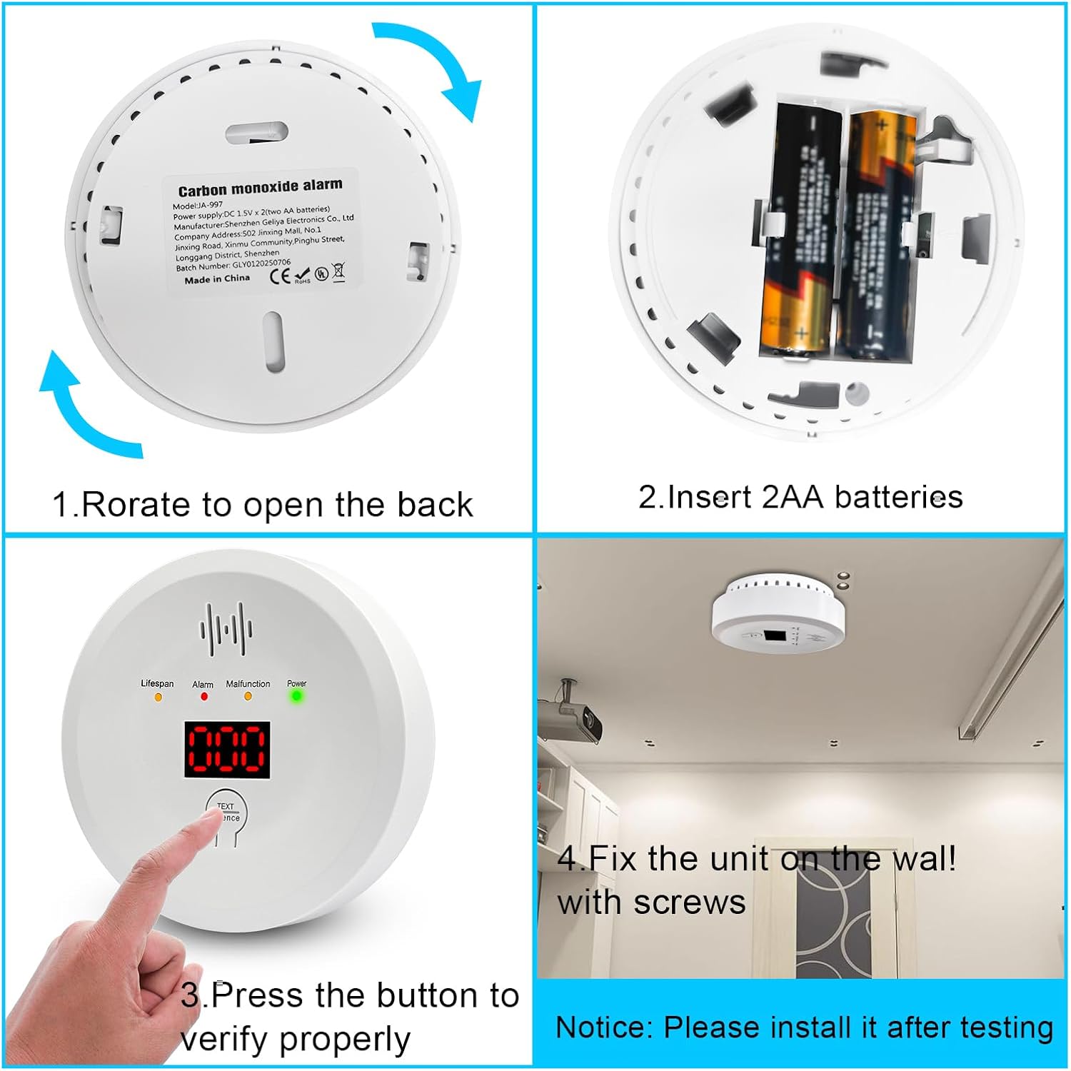 Carbon Monoxide Detectors 2 Pack, Replaceable Battery CO Alarm Detector with Digital LCD Display, CO Alarm for Home,Depot (AA Battery not Included) - Image 5