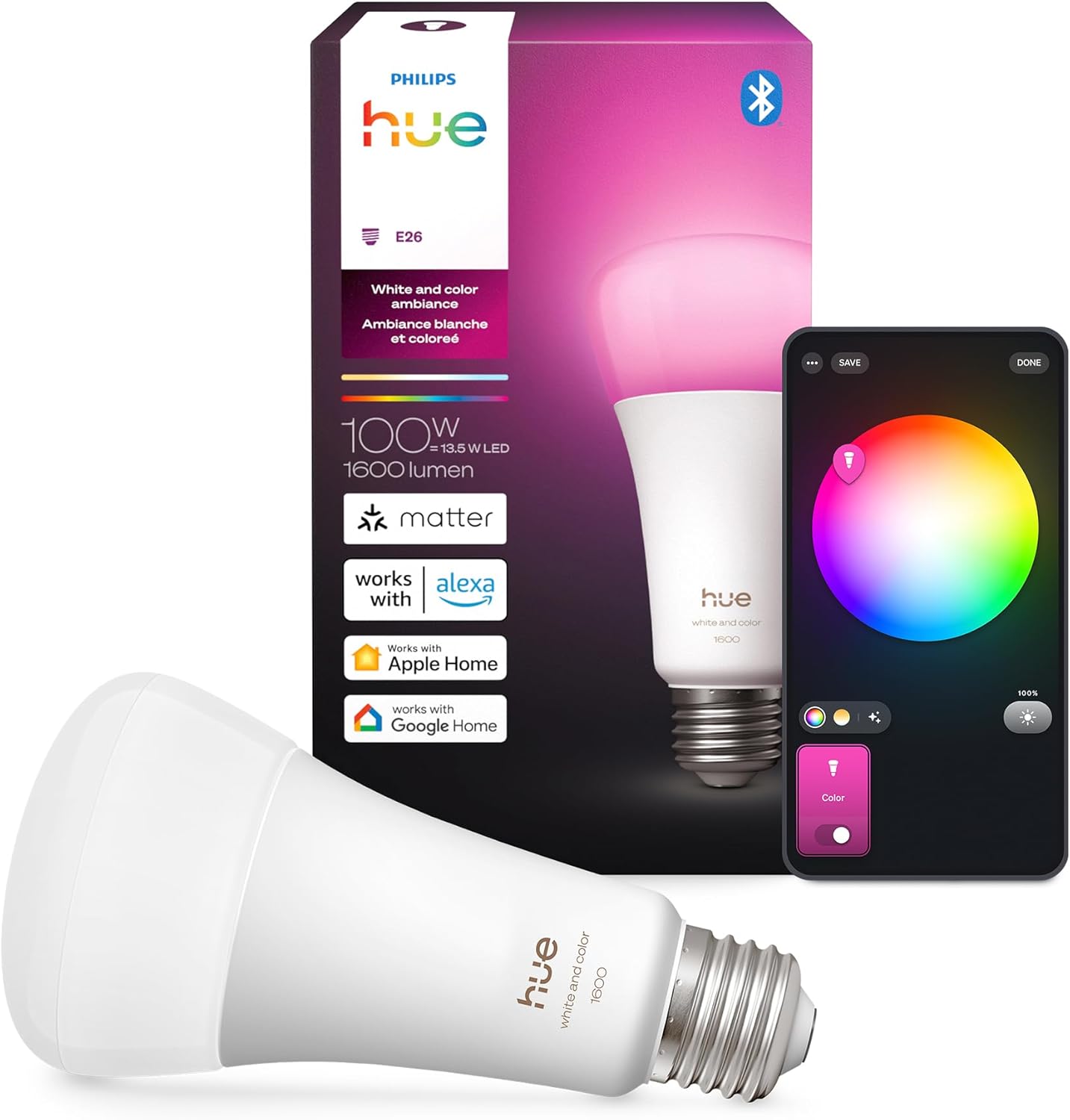 Philips Hue Smart LED A21 Bulb,White and Color Ambiance, E26 Base,13.5W, Full Spectrum Light 1000K-20000K,1600 Lumens, Dimmable, Compatible with Alexa, Google, Apple Home, 2pk - Image 2
