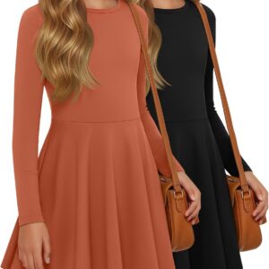 2 Pack Girls Long Sleeve Dress Skater Twirl a Line Crewneck Casual Fall Dresses for Kids 5-14 Years