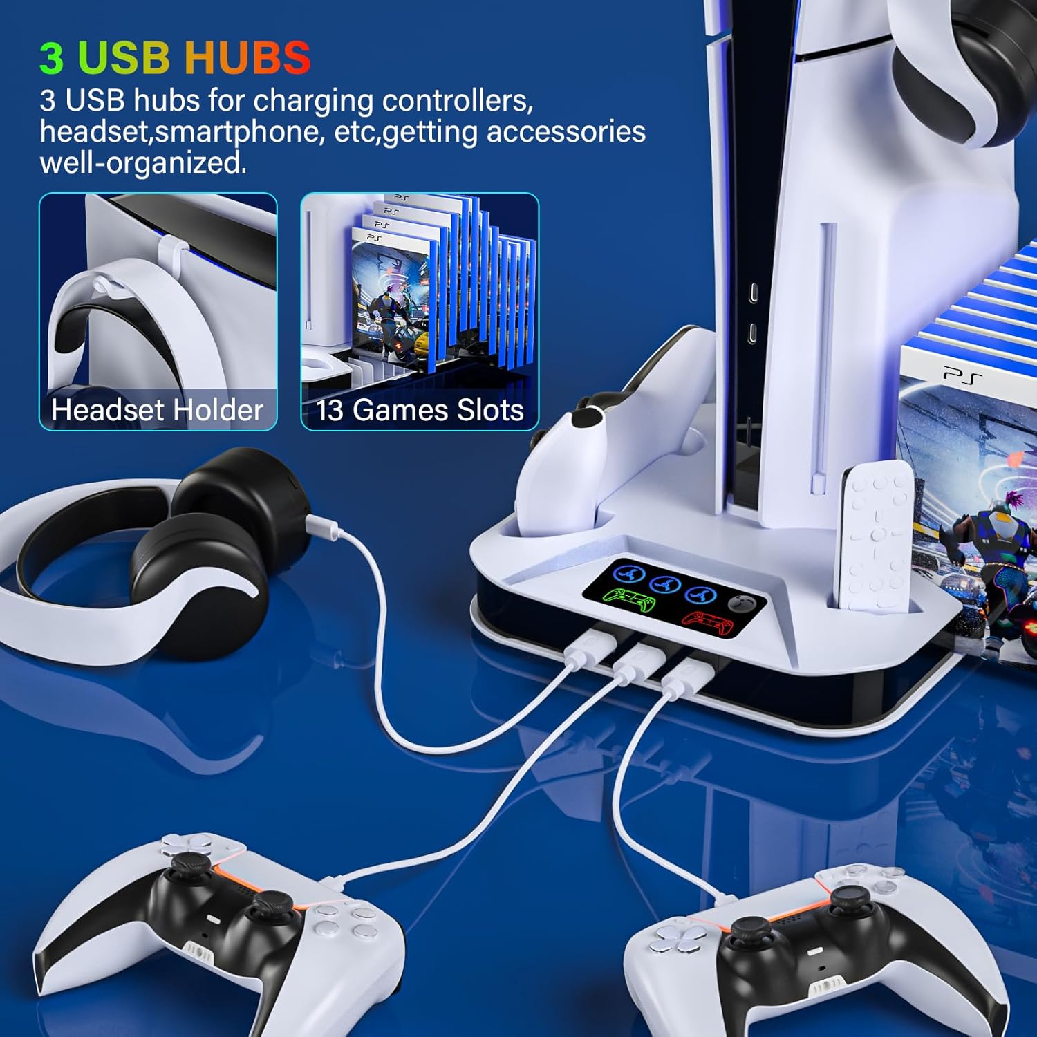 PS5/Slim/Pro Cooling Station with Controller Charging Station for Sony Console Playstation 5 Slim&Standard Disc/Digital Console, PS5 Pro Stand Cooler Accessories Incl Cooling Fan/3 USB Hubs - Image 4