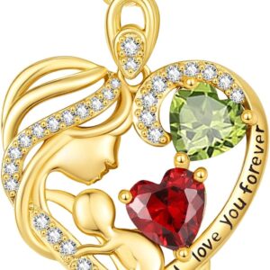 14K Gold Double Birthstone Heart Necklace for Women Mom, Mother Son/Daughter Pendant Necklace for Christmas Mother’s Day Birthday Gifts for Wife Daughter Grandmom
