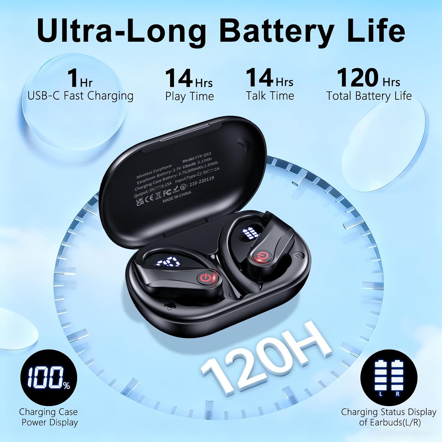 EUQQ True Wireless Earbuds, 2026 Sport Bluetooth 6.1 Headphones with Microphone 120H Playtime Dual LED Display Case, Noise Canceling Ear Buds with Easy Button Controls Sweat and Water Resistant Black - Image 2