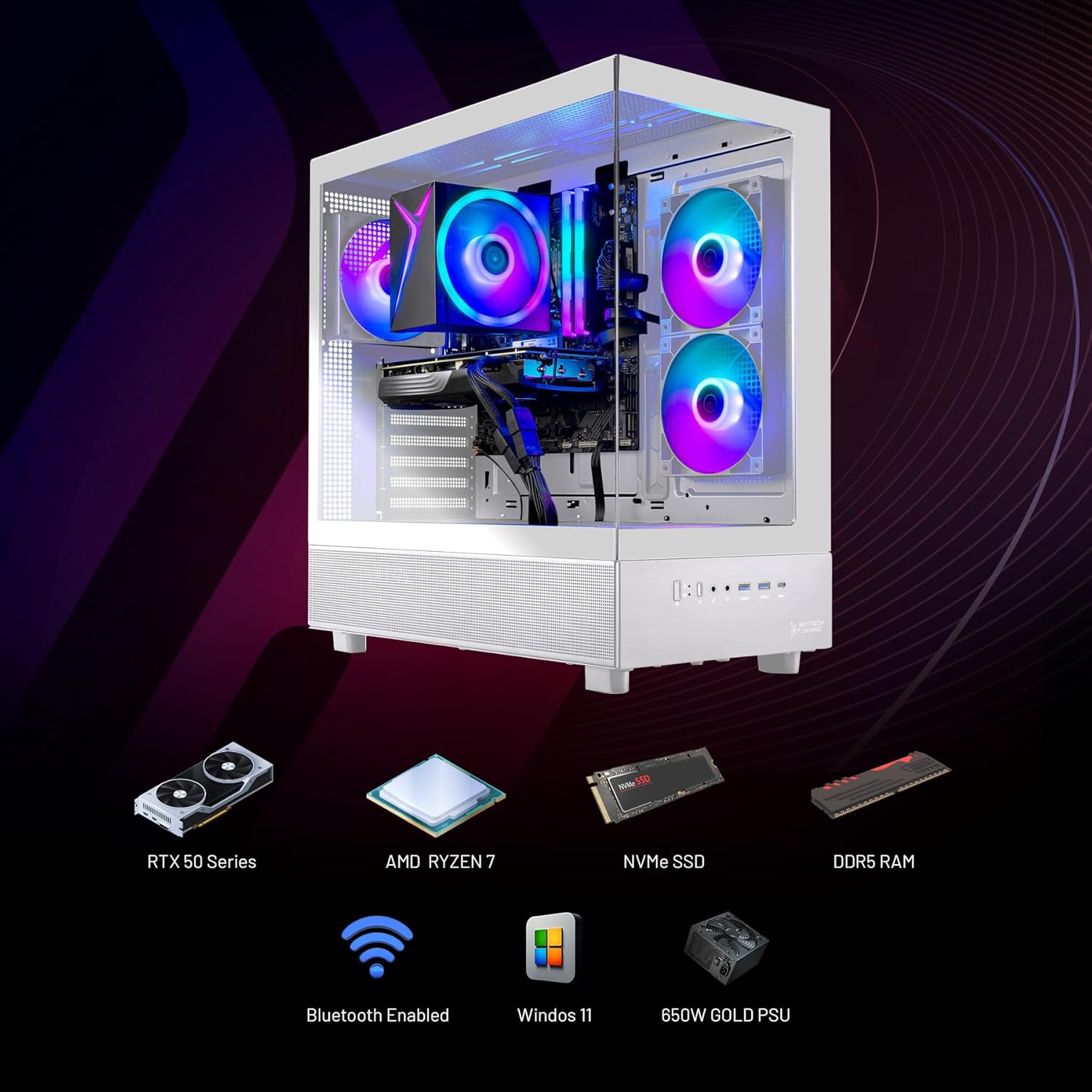 Skytech Gaming Azure 3 Desktop PC, Ryzen 7 7700 3.8 GHz (5.3GHz Turbo), NVIDIA RTX 5060 Ti 16GB, 1TB NVMe SSD, 16GB DDR5 RAM 6000, 650W Gold PSU, Wi-Fi, Win 11 - Image 8