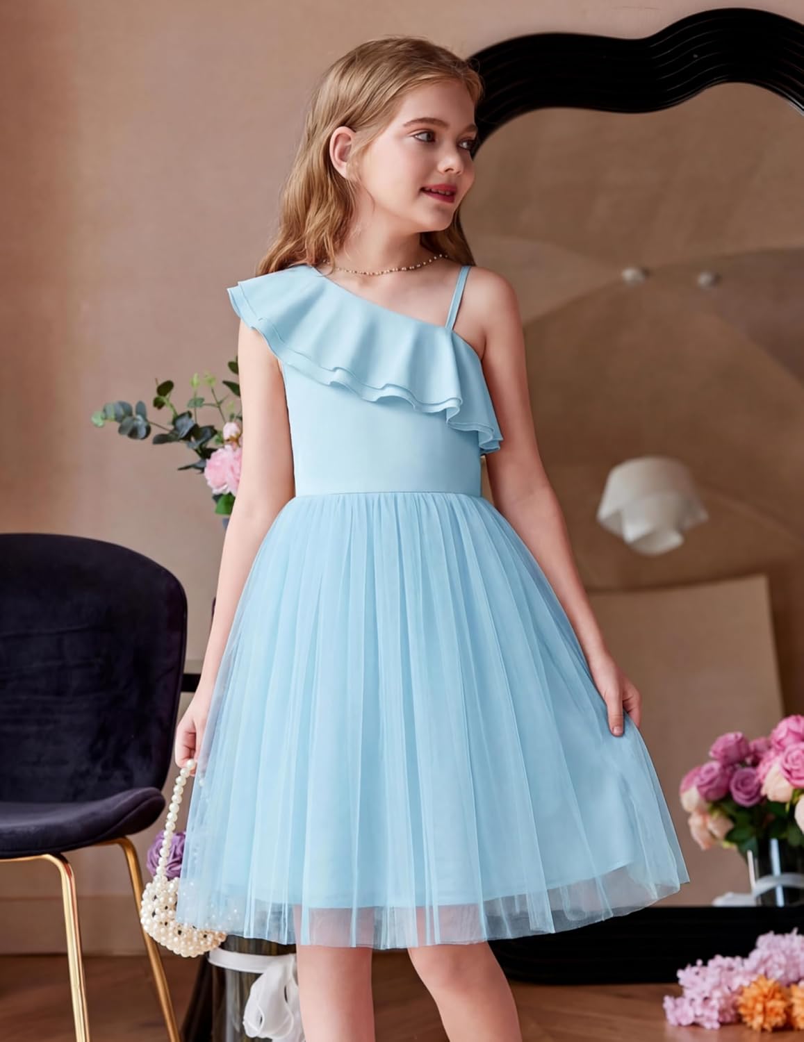 Arshiner Girls Dresses Ruffle Trim Off Shoulder Formal Wedding Party Fancy Summer Tulle Dress for 6-14 Years - Image 5
