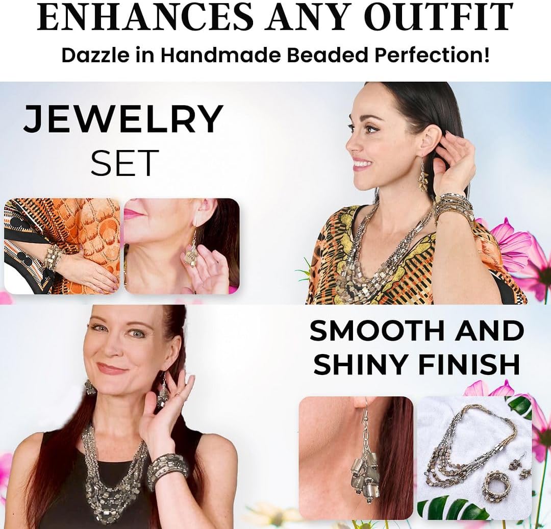 Costume Jewelry Sets for Women - Beaded Bracelet Earrings and Necklace Set - Handmade Seed Beads Vintage Summer Beach Boho Jewelry - Birthday Anniversary Valentines Day Gifts for Womens - 22 Inches - Image 5