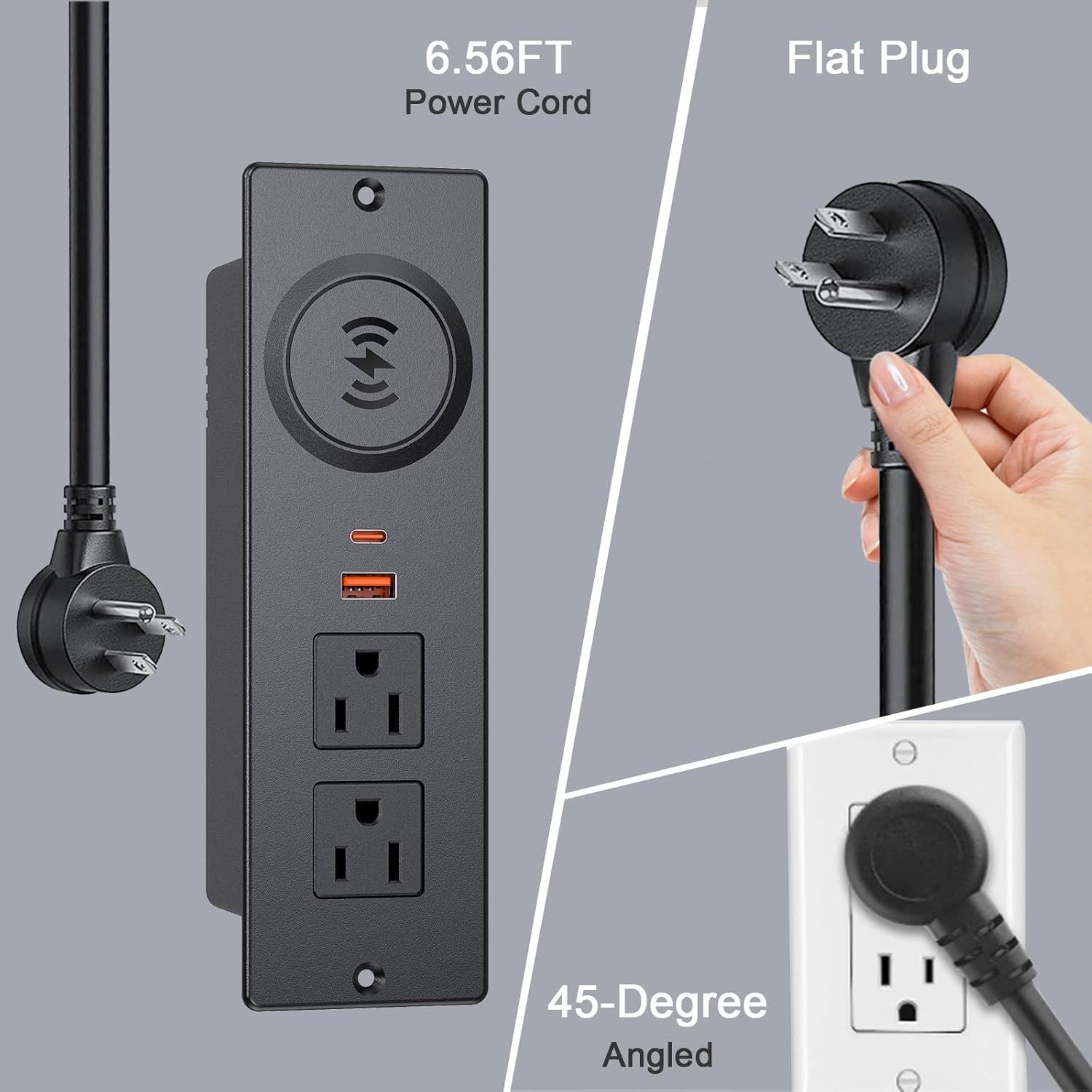 Recessed Power Strip with 15W Wireless Charger, Haiaoyyds Flush Mount Power Strip with 2 Outlets, 2 USB, and 6.56FT Flat Plug Cable, Furniture Recessed Outlet for Drawer, End Table, Sofa, Cabinet - Image 4
