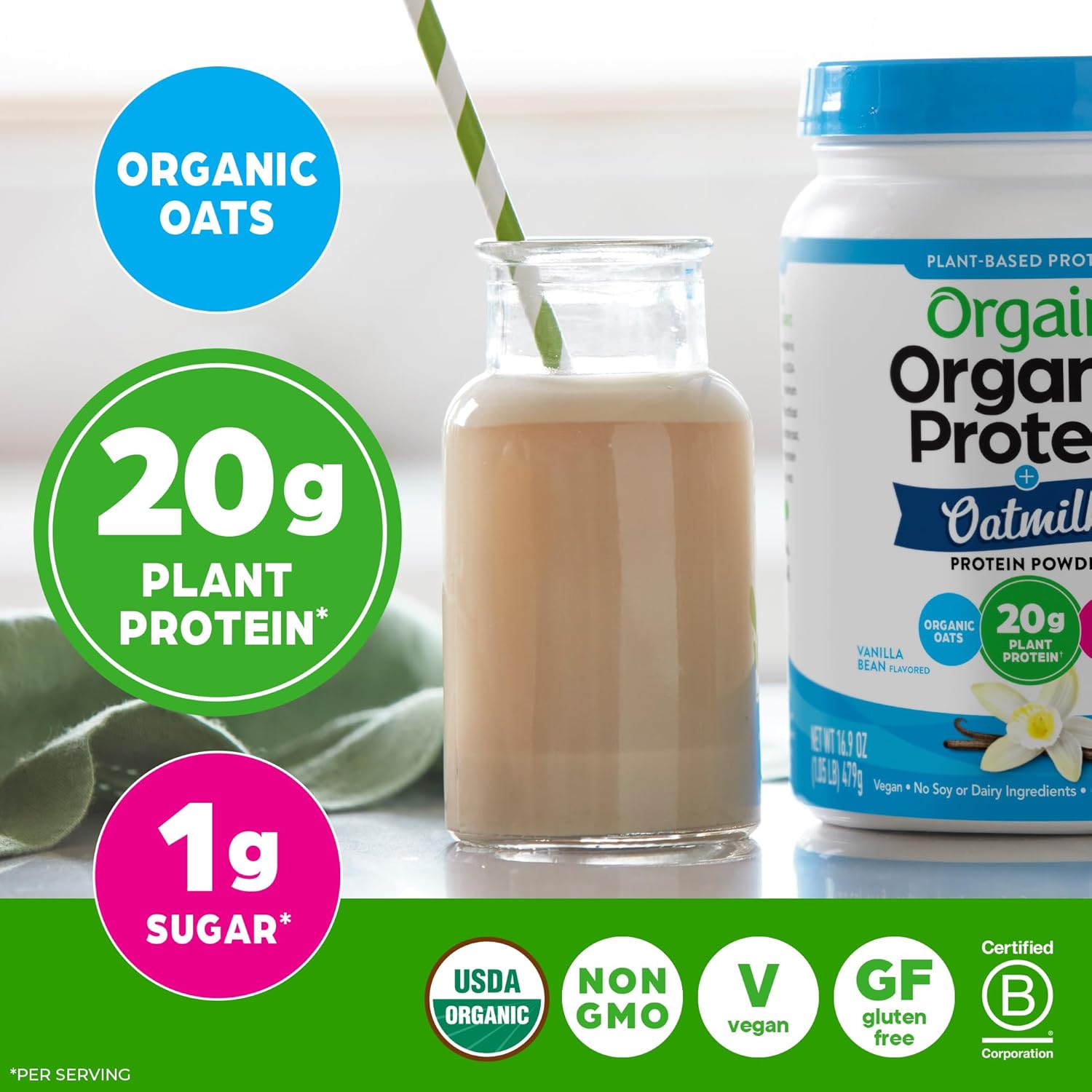 Orgain Organic Vegan Protein Powder + Oat Milk, Vanilla Bean - 20g Plant Based Protein, Gluten Free, No Dairy, Soy or Lactose Ingredients, Low Sugar, Non-GMO, Kosher, For Shakes & Smoothies - 1.05lb - Image 4