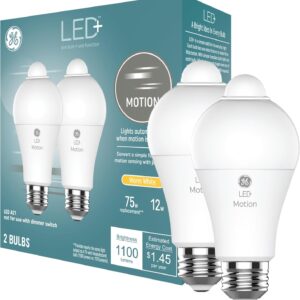 GE LED+ Motion Sensor LED Light Bulbs, 12W, Outdoor Security Lights, A21, Warm White (2 Pack)