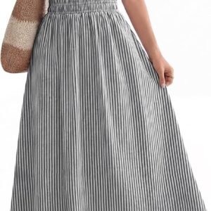 ANRABESS Womens Summer Midi Dress Striped Casual Short Sleeve Crewneck Empire Waist 2026 Flowy Long Beach Dress with Pockets