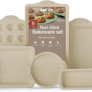 6-Piece Deluxe Nonstick Baking Pan Set – Professional Grade Carbon Steel Bakeware with White Marble Coating & Silicone Handles