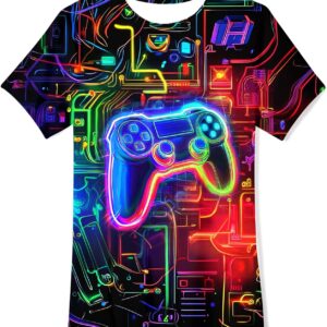 Boys Girls Neon Shirt Short Sleeve Cool 3D Graphic Print Neon Game Summer Tees Tops for 8-12 Years