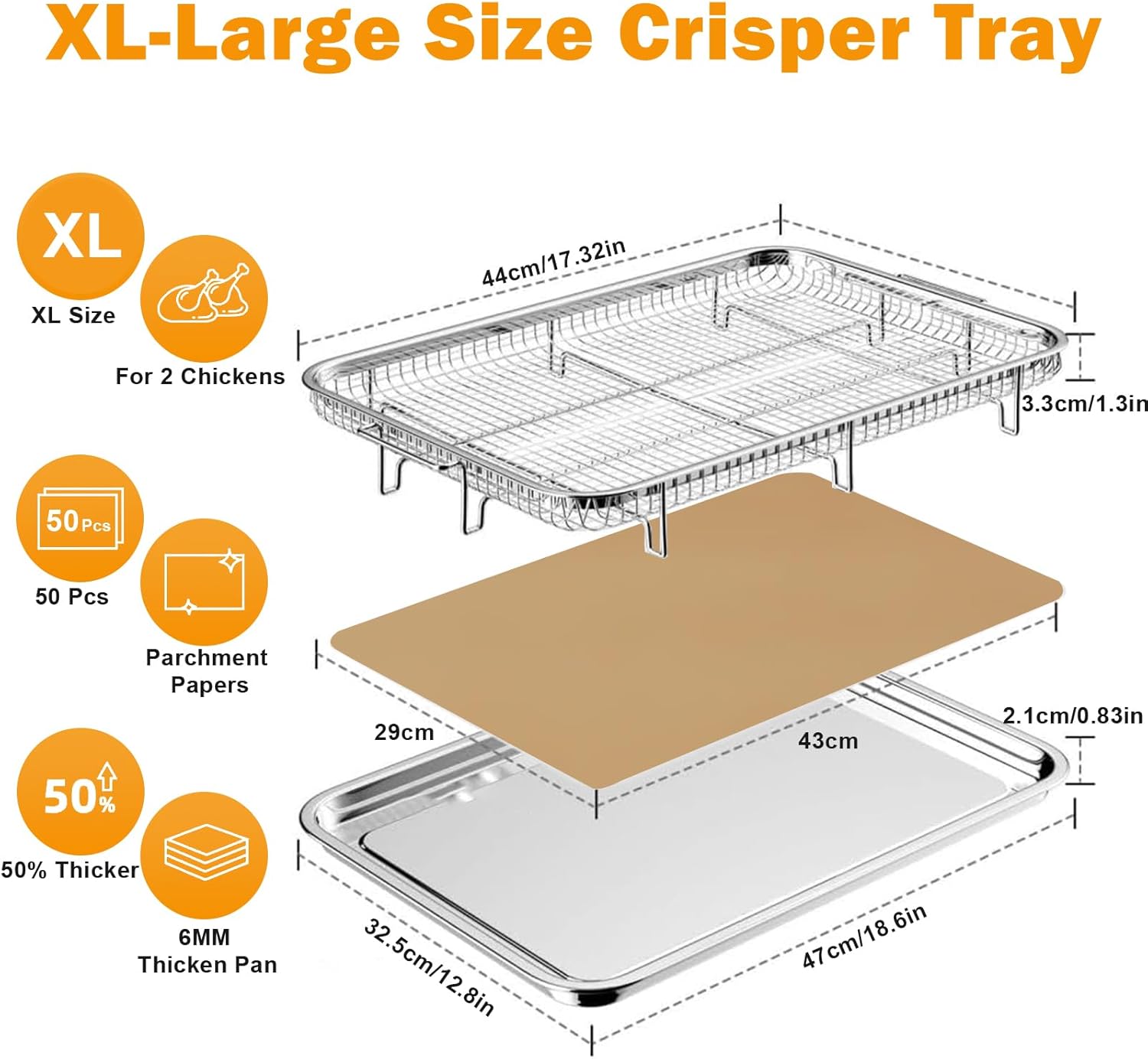 Air Fryer Basket for Oven, 18.6" x 12.8" Extra Large Size Air Fryer Basket & Tray for Oven, Stainless Steel Baking Tray with 50 PCS Parchment Paper, Crisper Tray for Convection Oven - Image 2