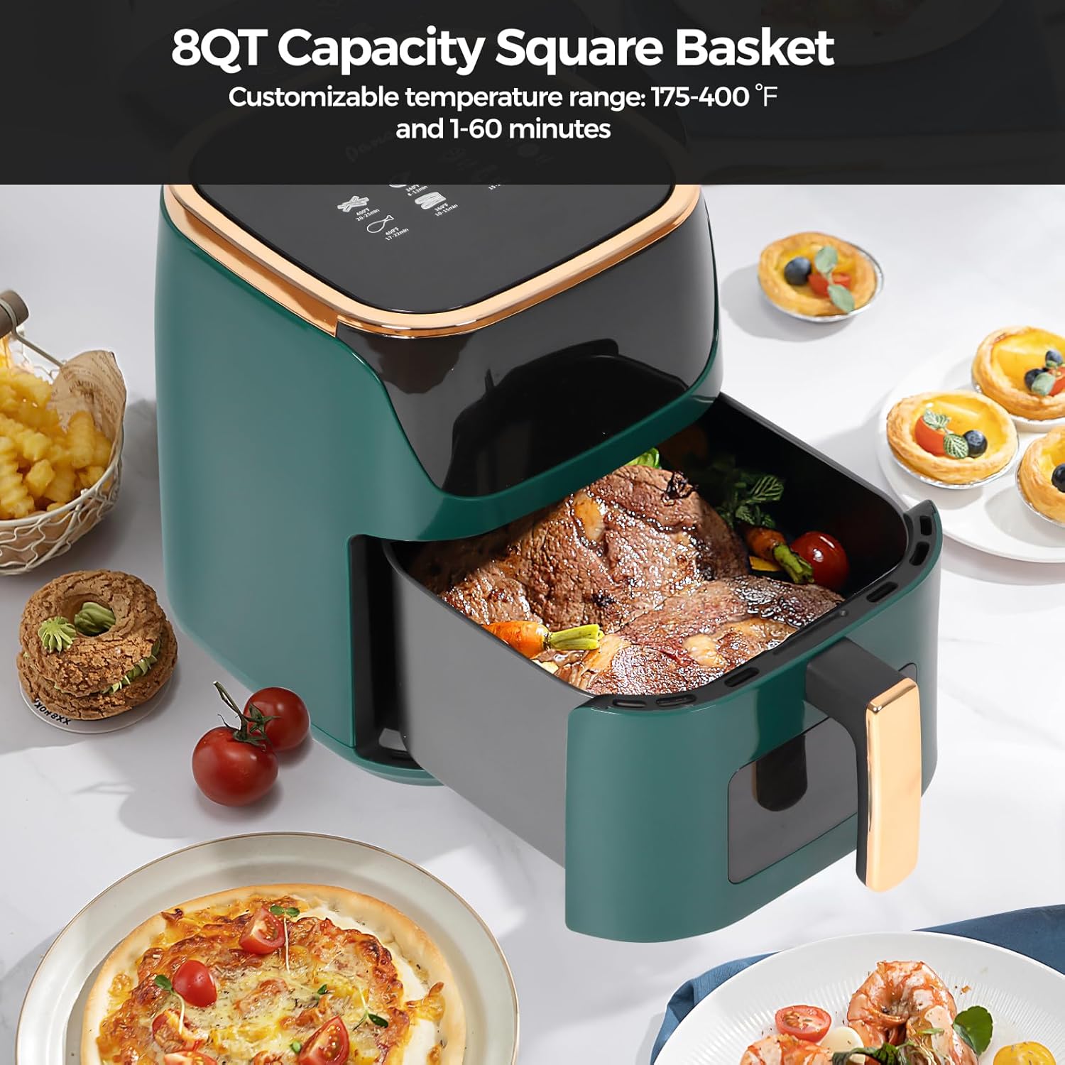 Panana 8QT Large Air Fryer Compact, 8 Preset Menus Airfryer, One-Touch Digital Control Presets, Touchscreen Display, Dishwasher Safe, Nonstick, Fit for Family (Green) - Image 2