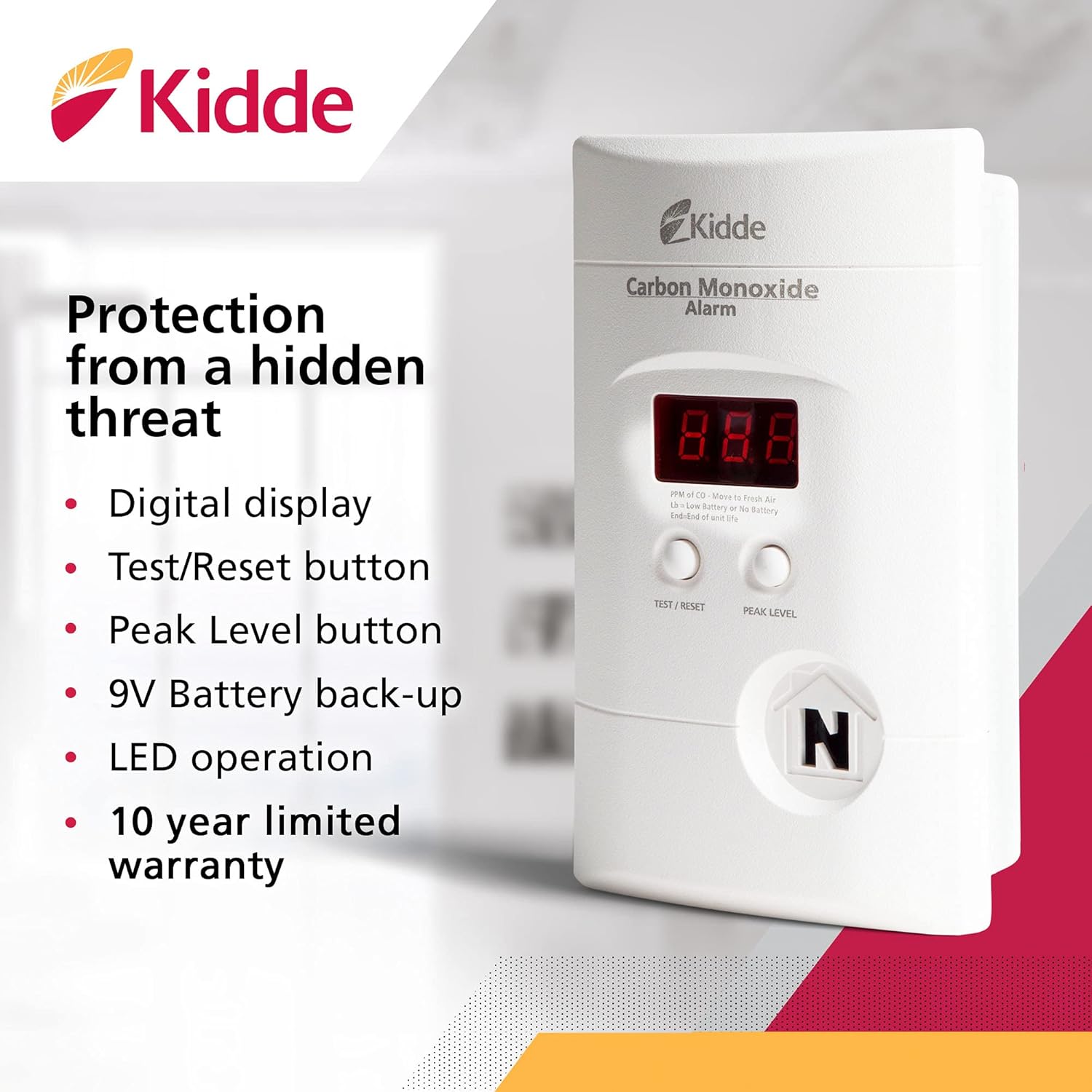 Kidde Carbon Monoxide Detector, Plug In Wall with 9-Volt Battery Backup, Digital LED Display - Image 2