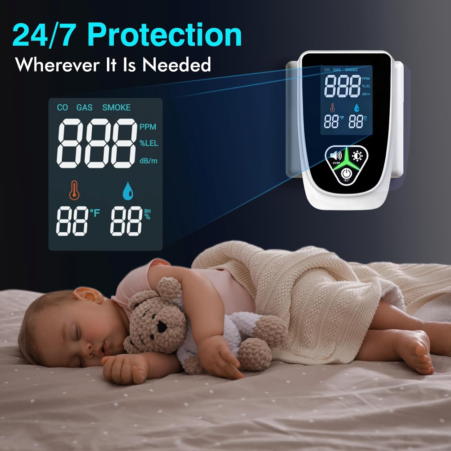 5-in-1 Plug in Gas & Smoke & Carbon Monoxide Detector, Combination CO Alarm with Temperature(°F) & Humidity HD Screen Supports English/Spanish Ideal for Home, RVs, Apartment (1 Pack) - Image 5