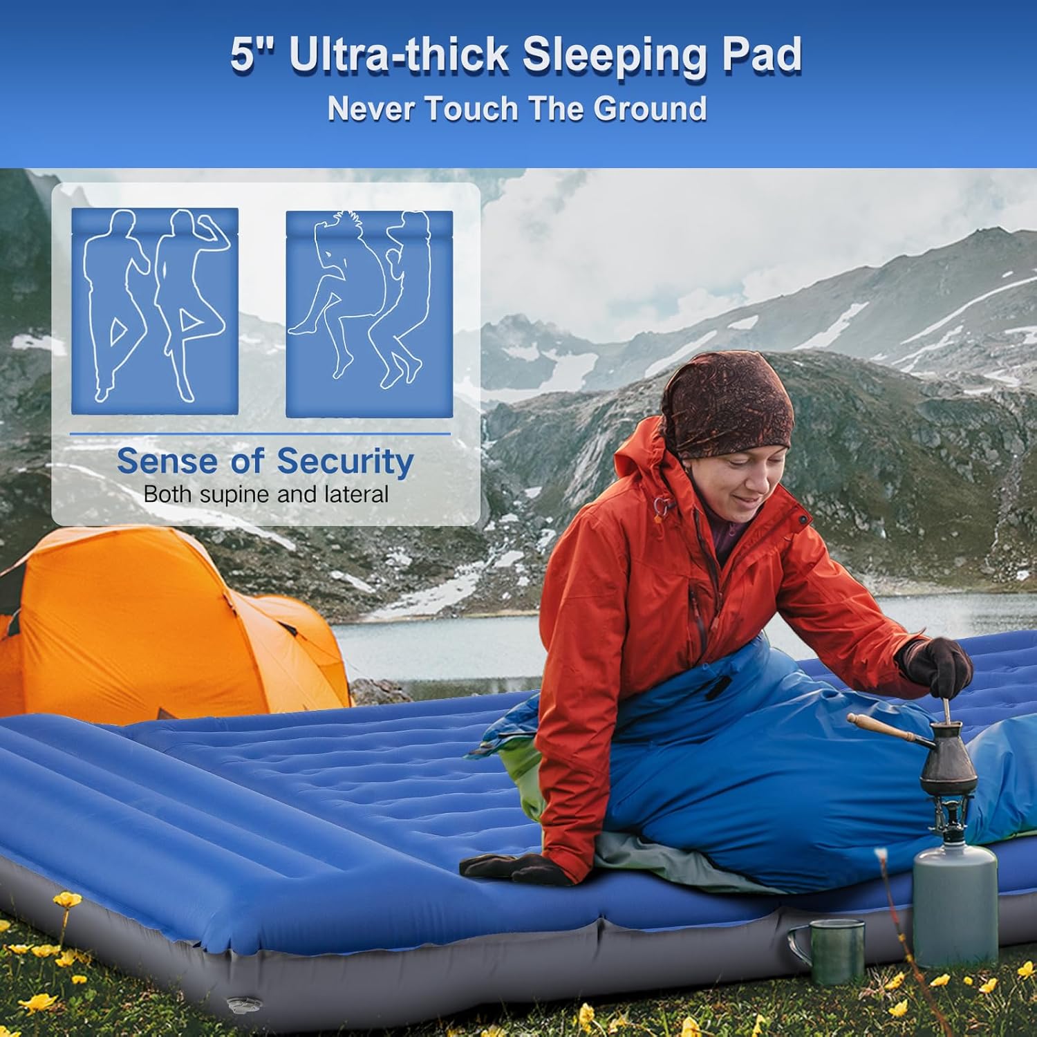 Double Sleeping Pad Camping, Self Inflating 6'' Extra-Thick 2 Person Pillow Built-in Foot Pump Waterproof Inflatable Sleeping Mat Backpacking, Tent, Hiking, Portable Camping Pad (Navy Grey) - Image 2