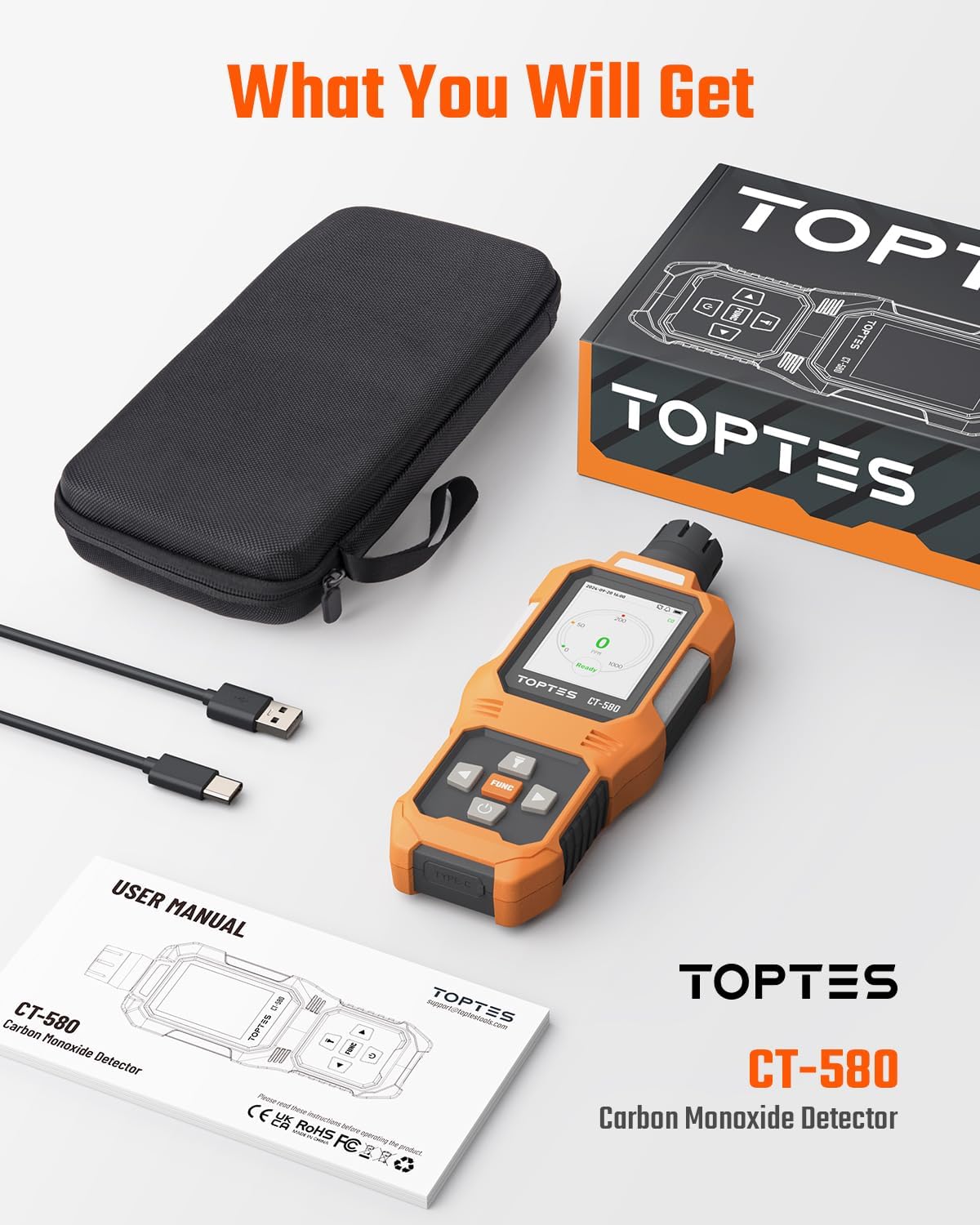 TOPTES CT-580 Portable Carbon Monoxide Detector, Rechargeable CO Detector with Vibration, Visual & Audible Alarms, 0-1000PPM, TFT Color Display for Home, Camping, Travel, Industrial & Professional Use - Image 8