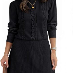 Saodimallsu Womens Puff Long Sleeve Sweater Dress Cable Knit A Line Crew Neck Fall Casual Flare Mini Dresses