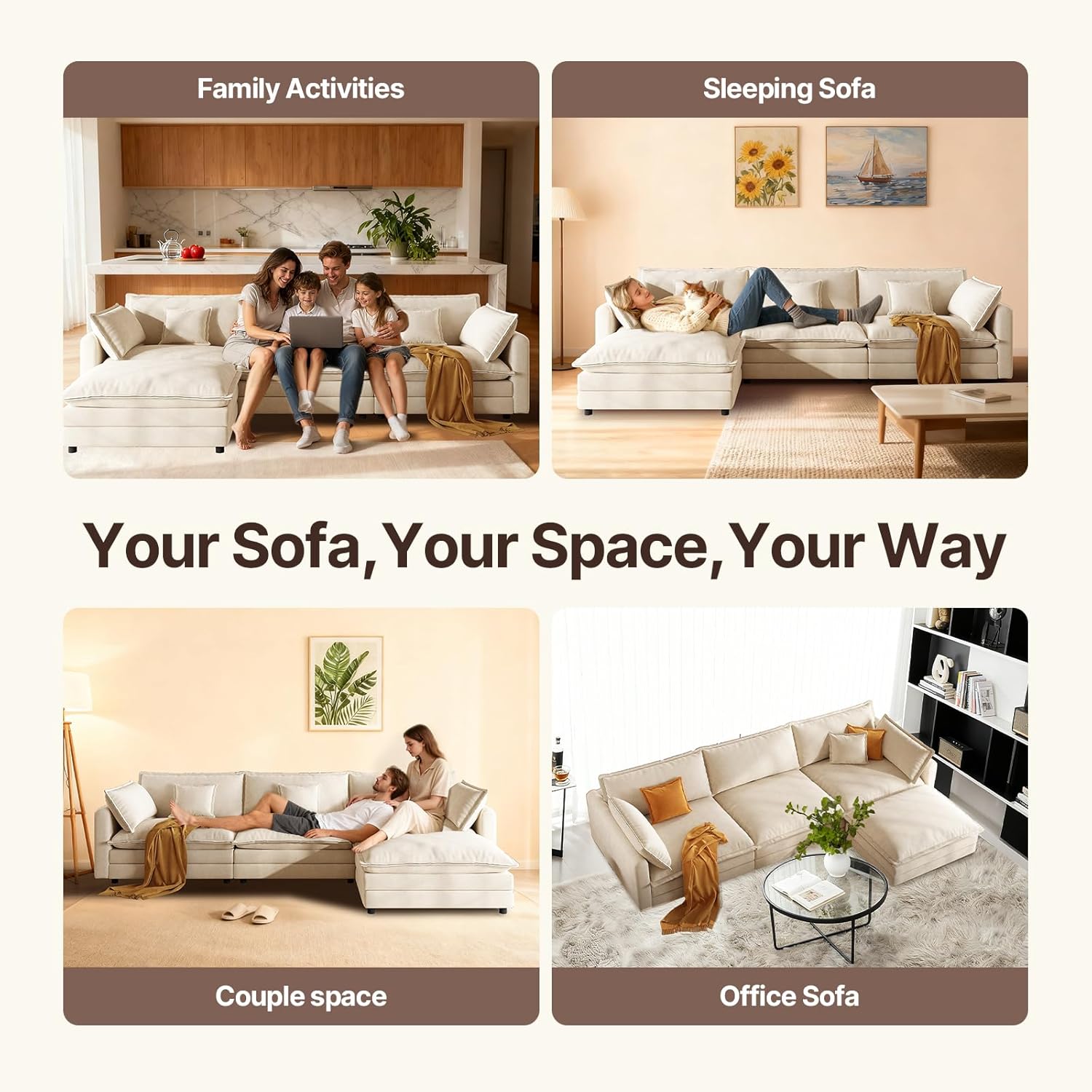 Shaped Modern Sofa Modular Sectional Cloud Couch, 114 Inch L Shaped Couch Set for Living RoomBedroom and Apartment, 4-Seater Comfy Cloud Couches with Movable Ottoman, Chenille, (Beige, 114 Inch-L) - Image 8