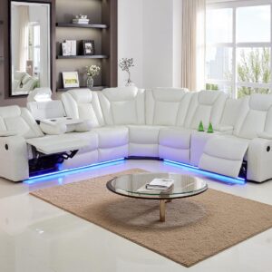 Breathing Leather Power Recliner Sectional Sofa Couch with LED Light, Living Room Furniture Sets,Creamy White Power Reclining Sectional Sofa Set with Storage Console/Cup Holder for Living Room