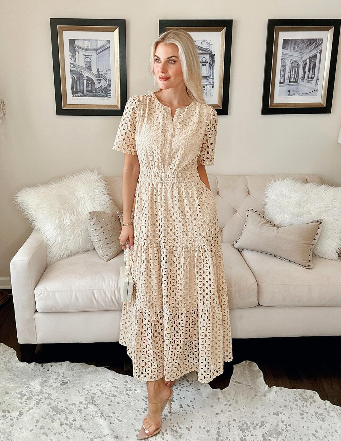 ZESICA Women's 2026 Summer Short Sleeve Maxi Dress Casual V Neck Hollow Out Eyelet Ruffle Swing A Line Long Dresses - Image 6