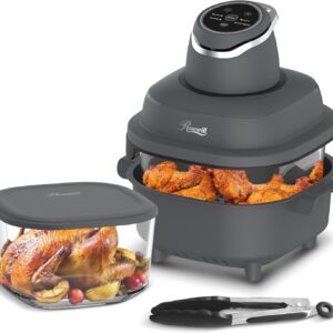 Rosewill 4-in-1 Portable Glass Air Fryer, 4.7QT Transparent Glass Cooking Pot with Storage Lid & Tongs, Compact Smart for Deep Roast, Recrisp, Keep Warm – Dark Grey