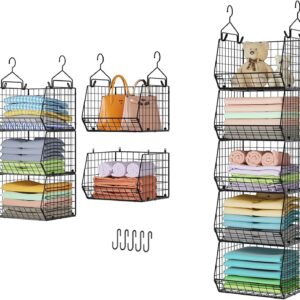 5 Tier Closet Hanging Organizer, Clothes Hanging Shelves with 4 Hanging Hooks 5 S Hooks, Wire Storage Basket Bins, for Clothing Sweaters Shoes Handbags Clutches Accessories Patent Design