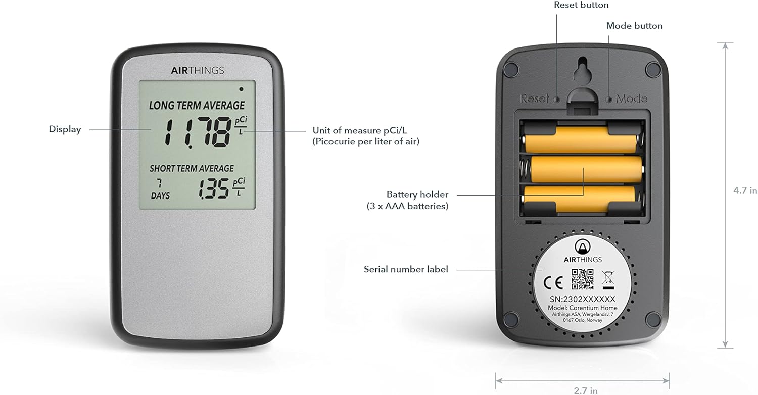 Airthings Corentium Home Radon Detector 223 Portable, Lightweight, Easy-to-Use, (3) AAA Battery Operated, USA Version, pCi/L - Image 9