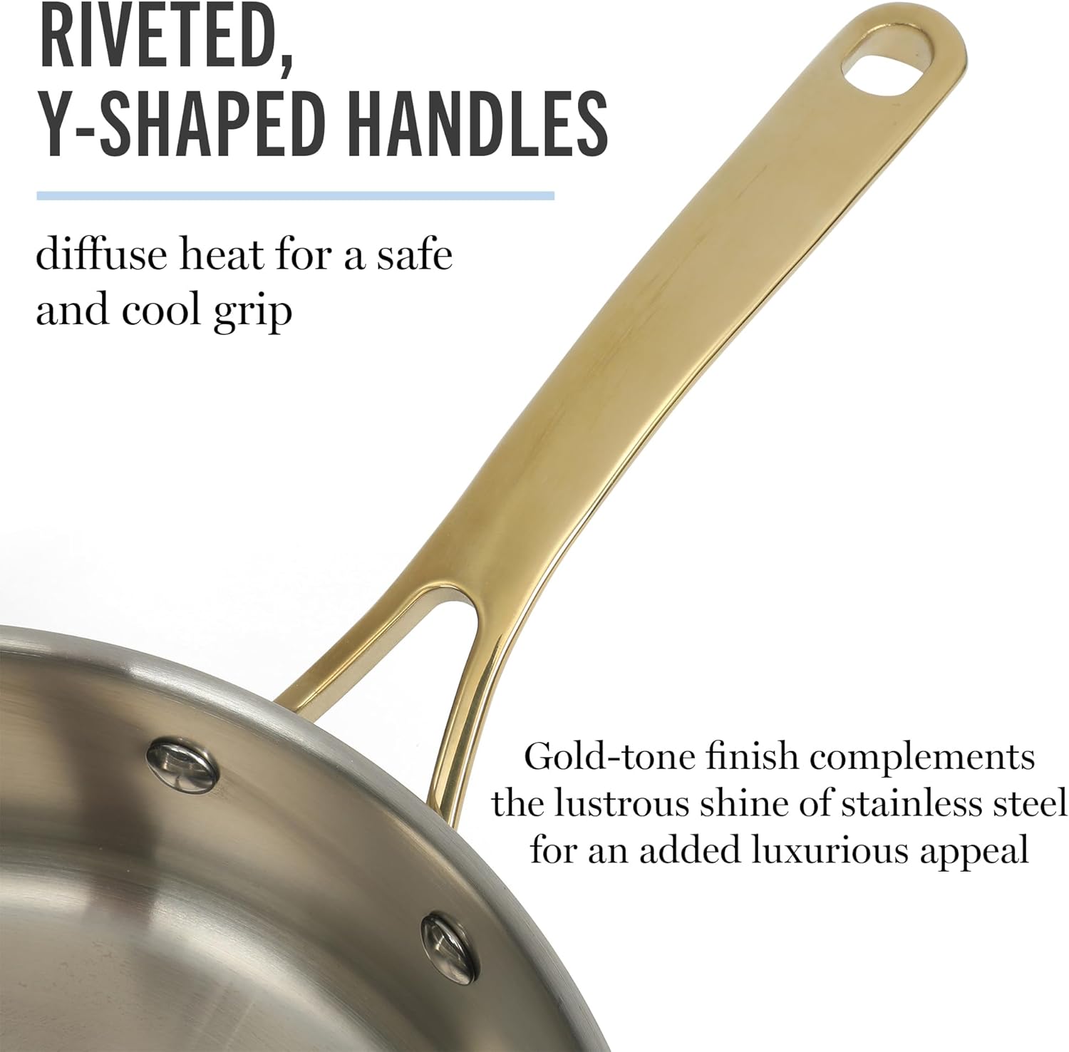 Martha Stewart Castelle 10 Piece 18/8 Durable Stainless Steel Induction Safe Pots and Pans Non-Toxic Kitchen Cookware Set - Gold Handles - Dishwasher Safe - Image 5