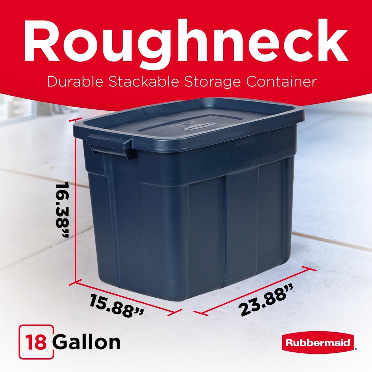 Rubbermaid Roughneck Tote 18 Gal, 6 Pack, Made in USA, Dark Indigo Metallic, Rugged Plastic Stackable Storage Bins with Lids and Handles - Image 2