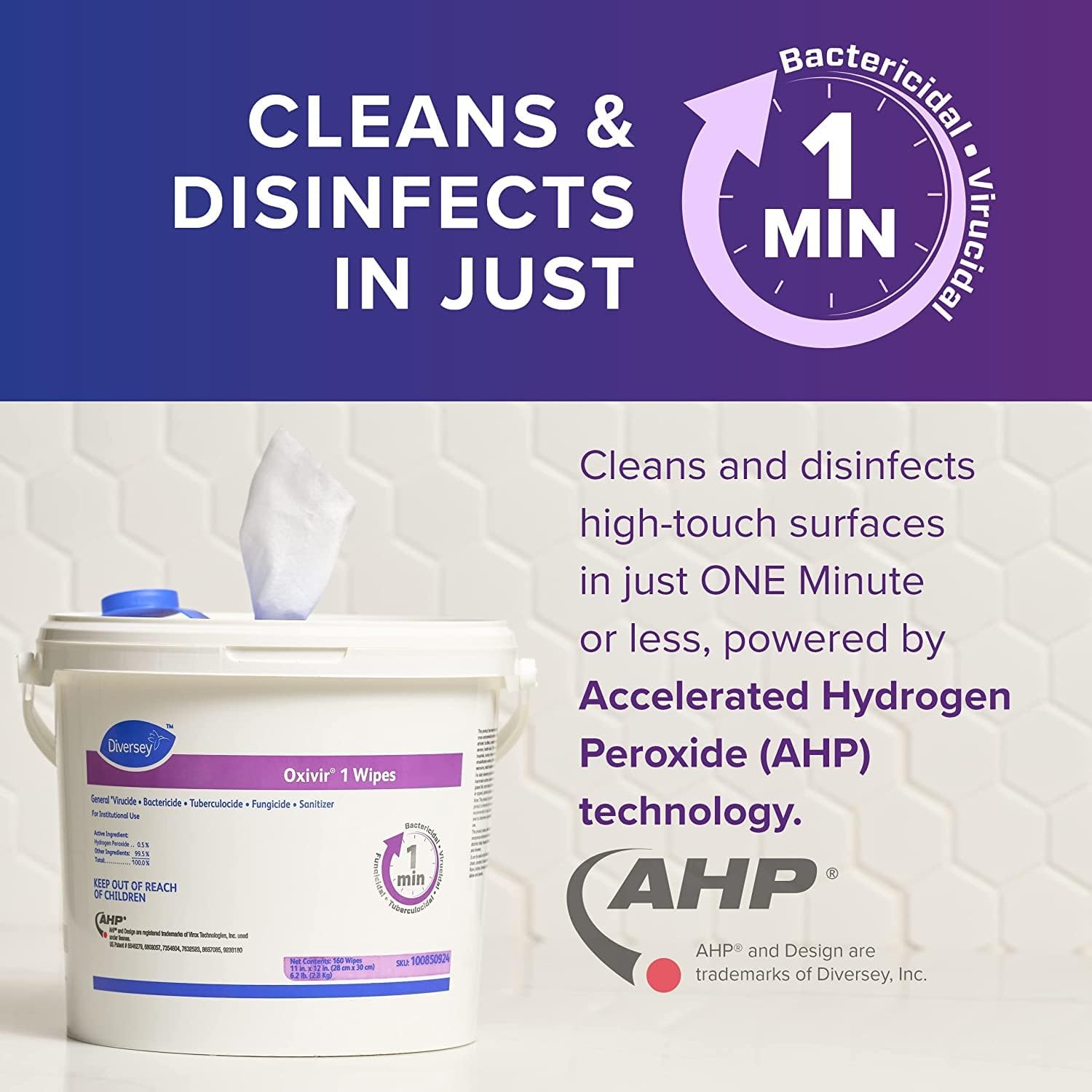 Oxivir Diversey 1 100850924 Disinfectant Cleaning Wipes, Virucidal, Pre-Moistened with Accelerated Hydrogen Peroxide AHP, Unscented, 160 Extra Large 11x12-Inch Wipes, 1-Bucket - Image 4