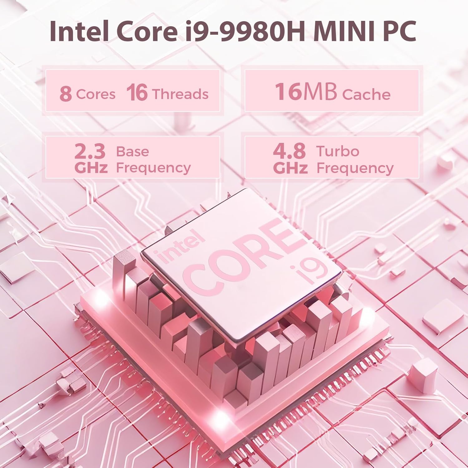 Mini Gaming PC, Core i9-9980HK(8C/16T, Max 4.8GHz), GeForce GTX1650 4G GDDR5 RGB Lights Desktop Gaming Mini Computer, 16GB RAM 1TB NVMe SSD, Triple 4K Displays/1G LAN/WiFi 6E/BT 5.3, Pink - Image 3