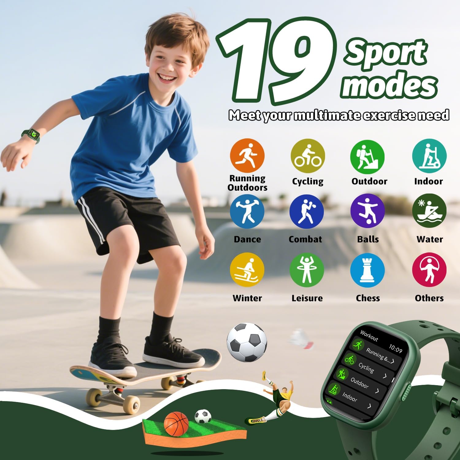 Kids Smart Watch for Girls Boys,IP68 Waterproof Kids Fitness Tracker Watch with 1.83" Face,Heart Rate Sleep Monitor,19 Sport Modes,Puzzle Games with APP,Great Gifts for Teens 6+ (Green) - Image 4