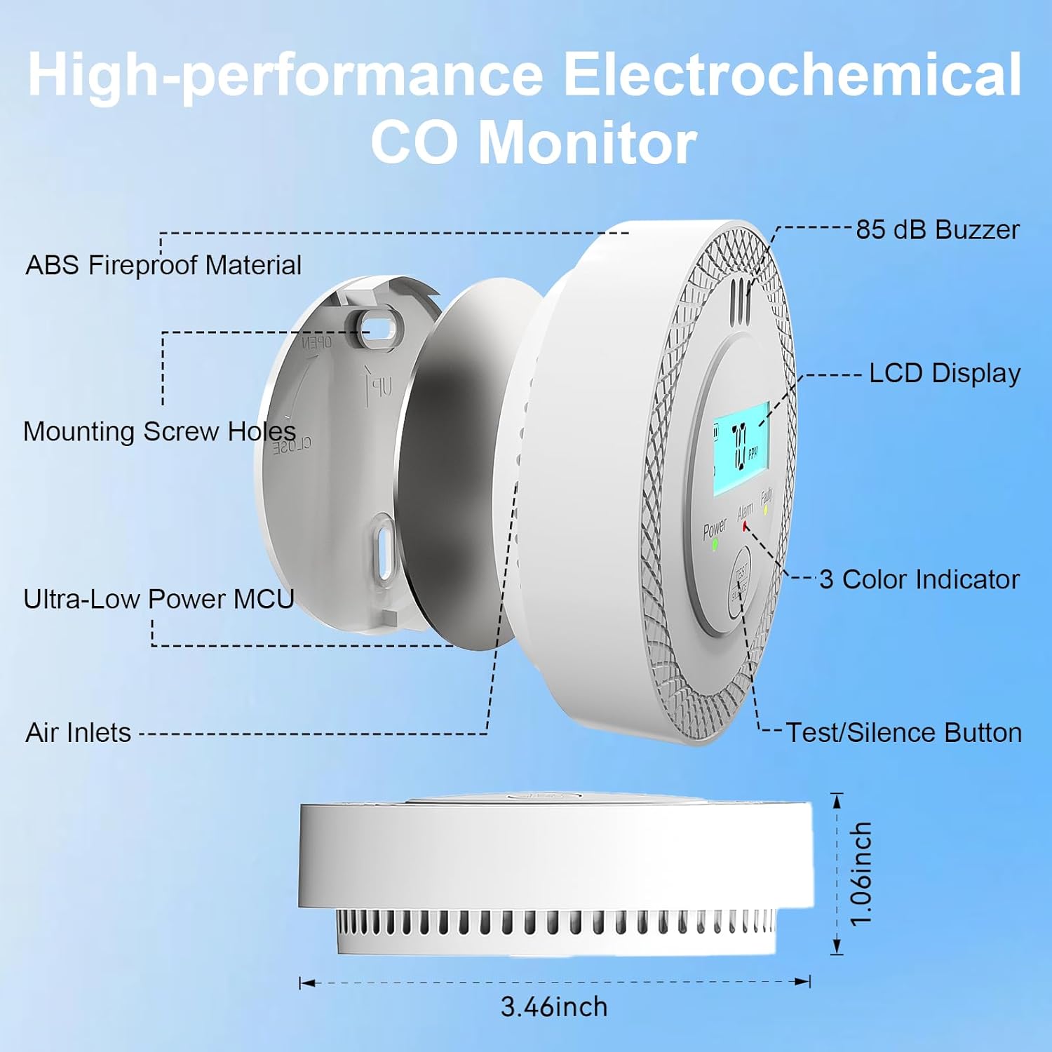 2 Pack Carbon Monoxide Detector Portable CO Detector Battery Powered (Not Included) Test-Mute Button Mini CO Alarm Detector with Digital LCD Display Sound and Light Warning for Travel Kitchen Bedroom - Image 6