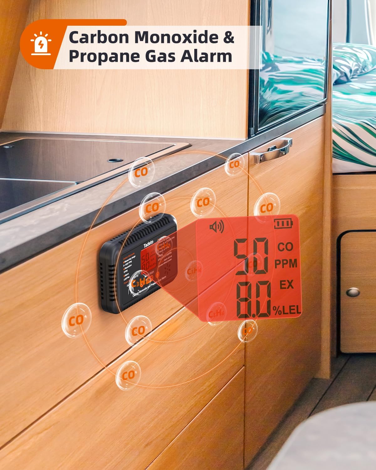 Tadeto RV Carbon Monoxide and Propane Gas Alarm, 12V DC Hardwired CO/LPG Gas Leak Alarm with Light and Audible Indicator, RV Propane Detector with Reset/Backlight for RV/Trailer/Camper - Image 2
