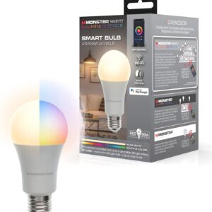 Monster Multi-Color and Warm-White LED Light Bulb, 16,000,000 Lighting Possibilities, Customizable with App, Compatible with Alexa/Siri/Google Assistant, Wi-Fi Enabled, 1-Pack, 9 watt
