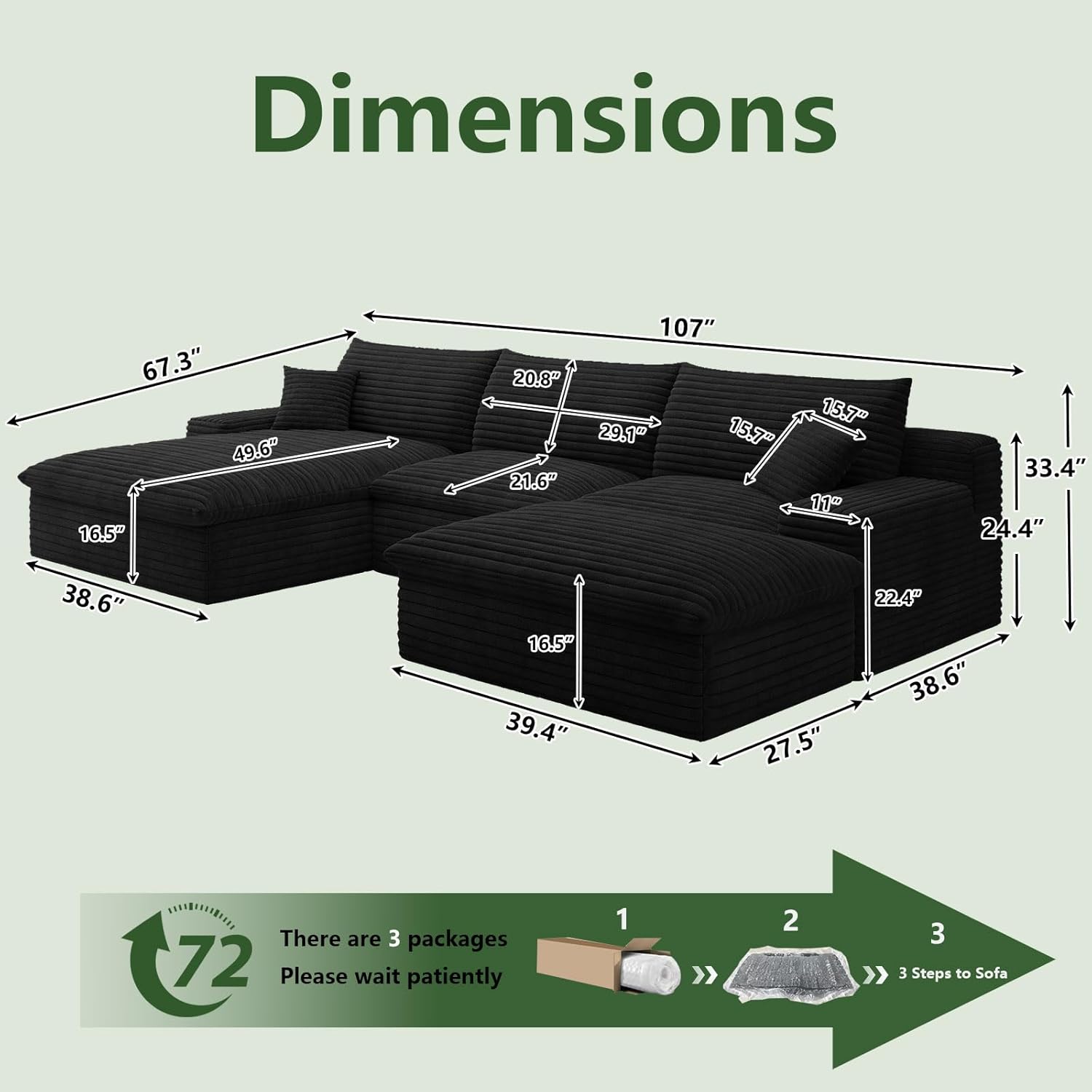 107" Cloud Couch Modular Sectional Sofa for Living Room, U-Shape Boneless Couch with Deep Seat, Modern Corduroy 3-Seater with Ottoman, No Assembly Required (Black,Left-Facing Chaise) - Image 2
