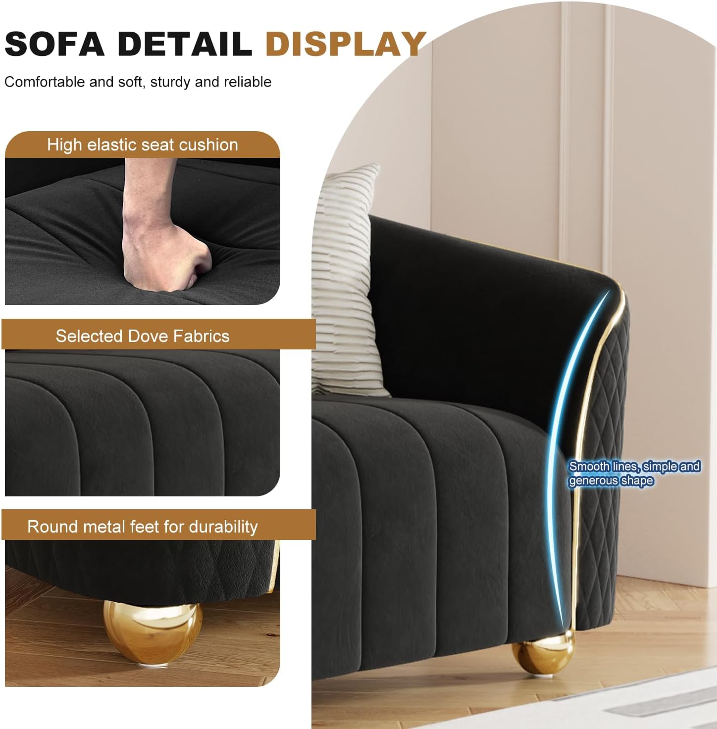 2-Piece Velvet Sofa Set - Two 85" 3-Seaters, Modern Plush Spring Cushions, Solid Wood Frames, Spacious Deep Seats Couch for Small Apartment, Family Living Room & Home Office (Black, 3S+3S) - Image 4