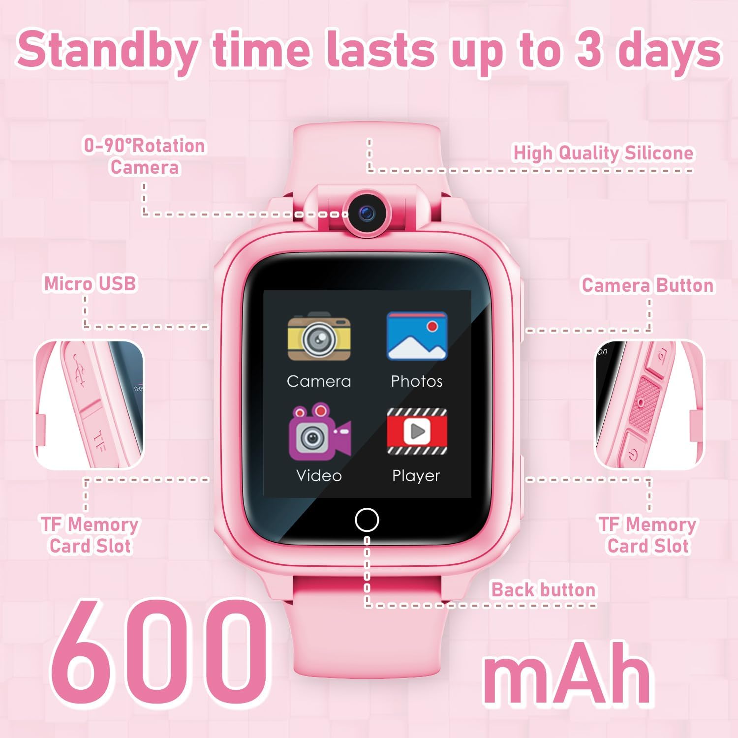 Smart Watch for Kids, Kids Watch Toys with 26 Games Camera Video Recorder Music Alarm Calculator Calendar Flashlight Stopwatch Pedometer, Education Toys for 4-16 Year Olds, Gifts for Boys Girls, Pink - Image 7