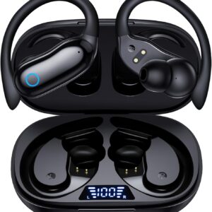 GNMN Active Noise Cancelling Ear Buds Wireless Earbuds 96hrs Playback Bluetooth Headphones Dual Battery Display Stereo Bass Earphones with Earhooks Microphone IPX7 Waterproof Headset for Sports/Gym