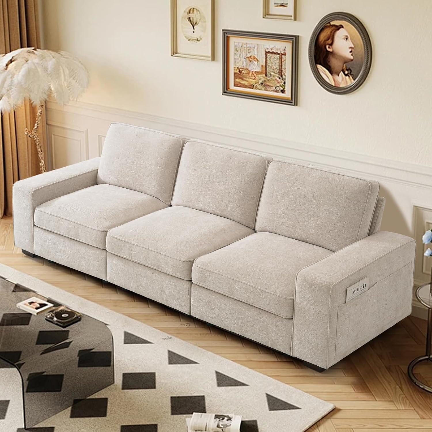 TEKAMON 100" Modular Sofa with Seats Storage, Comfy 3-Seater Chenille Fabric Couch for Living Room, Office, Apart W/Deep Seat, Wide Arms, Side Pockets, USB, Removable Covers, Upholstered Couch/Beige - Image 7