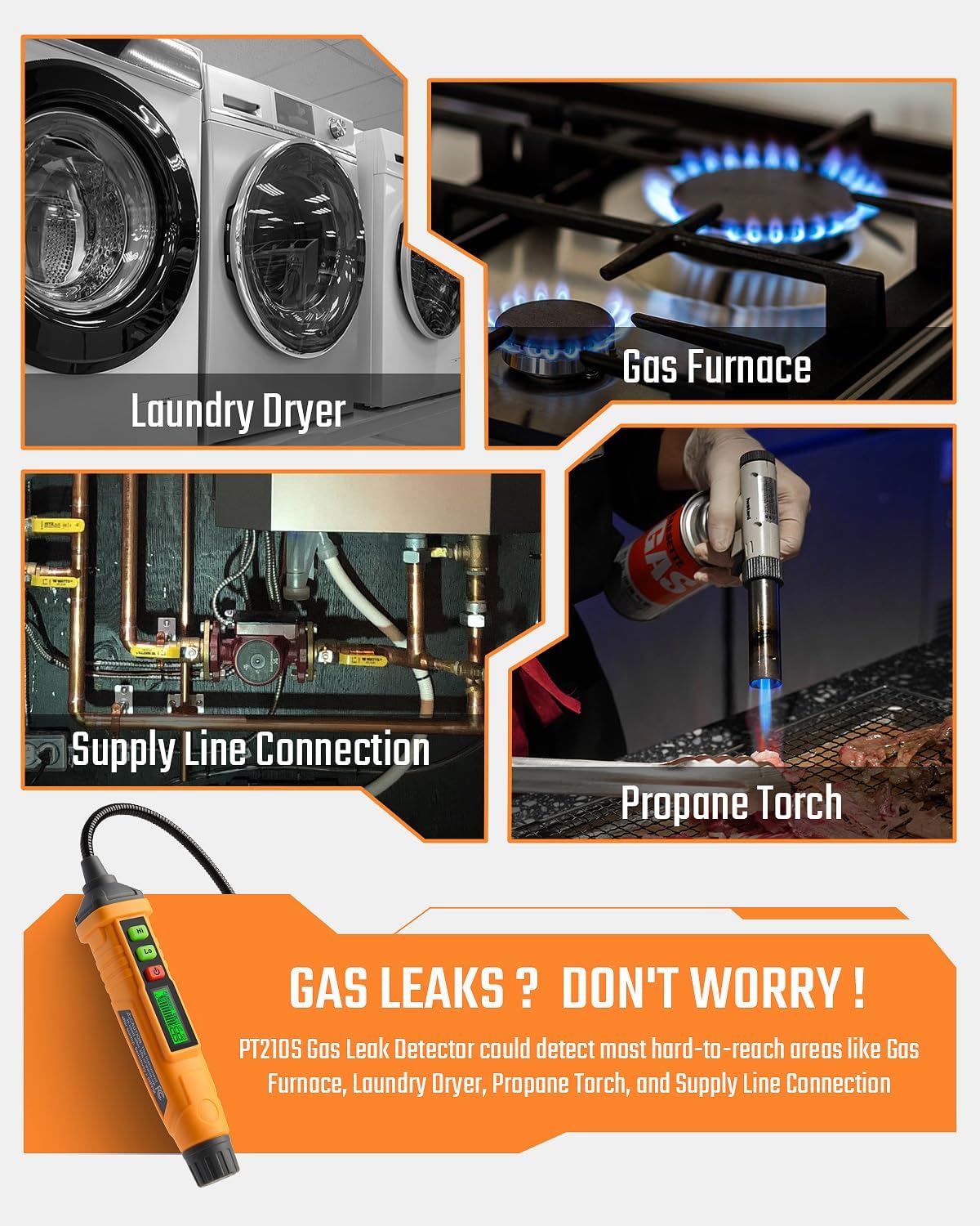 TopTes PT210S Gas Leak Detector, Natural Gas Detector with 4-inch Probe, Propane Leak Detector Locating Combustible Gases Like Natural Gas, Methane for Home, Measures%LEL (Incl. Batteries) - Orange - Image 6