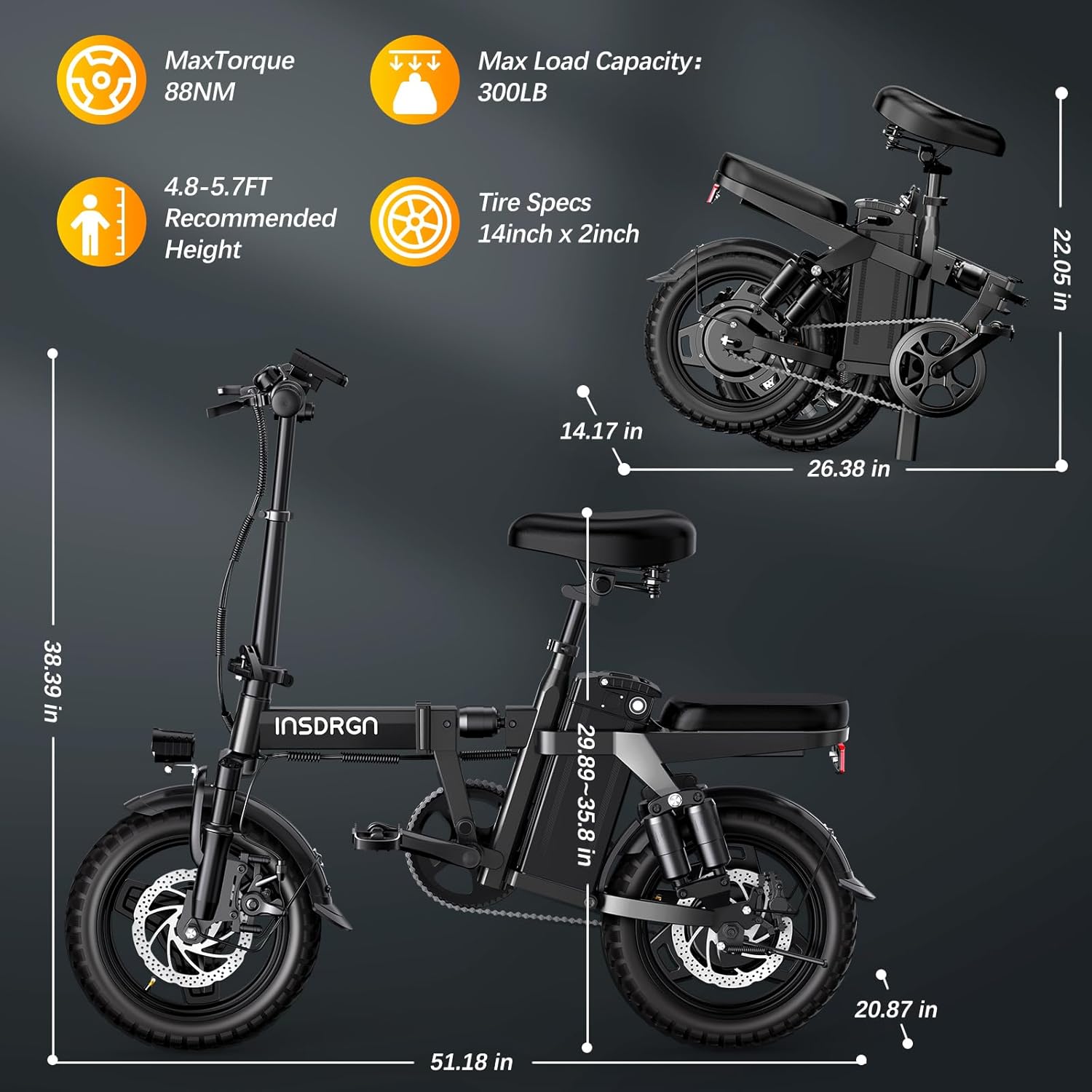 14" Folding Electric Bike for Adults, Peak 1500W Motor,20MPH Max Speed,48V 16Ah Removable Battery Electric Bike, 35/62Miles Max Range, UL 2849 Certified E Bike - Image 7