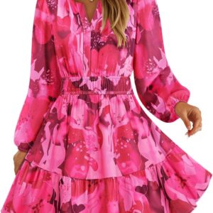 ZESICA Womens Spring Long Sleeve Floral Mini Dress 2026 Summer Boho V Neck A-Line Flowy Dresses Beach Vacation Clothes