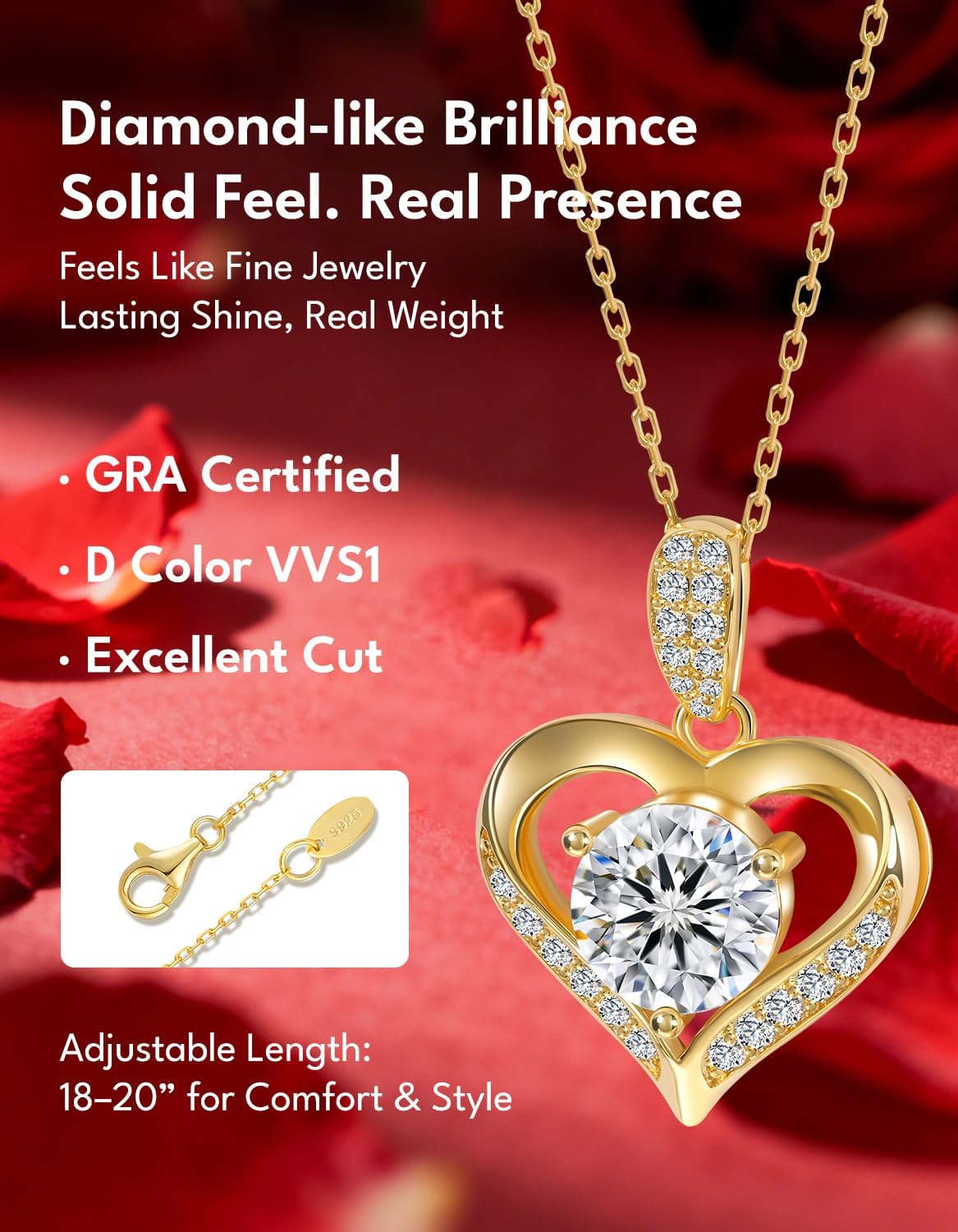 KRKC Moissanite Heart Necklace for Women, 1-3 Carat Lab Created Diamond Pendant, 14K/White Golden Plated S925 Sterling Silver Chains, Valentines Day Christmas Birthday Gifts for Her Wife Anniversary - Image 2