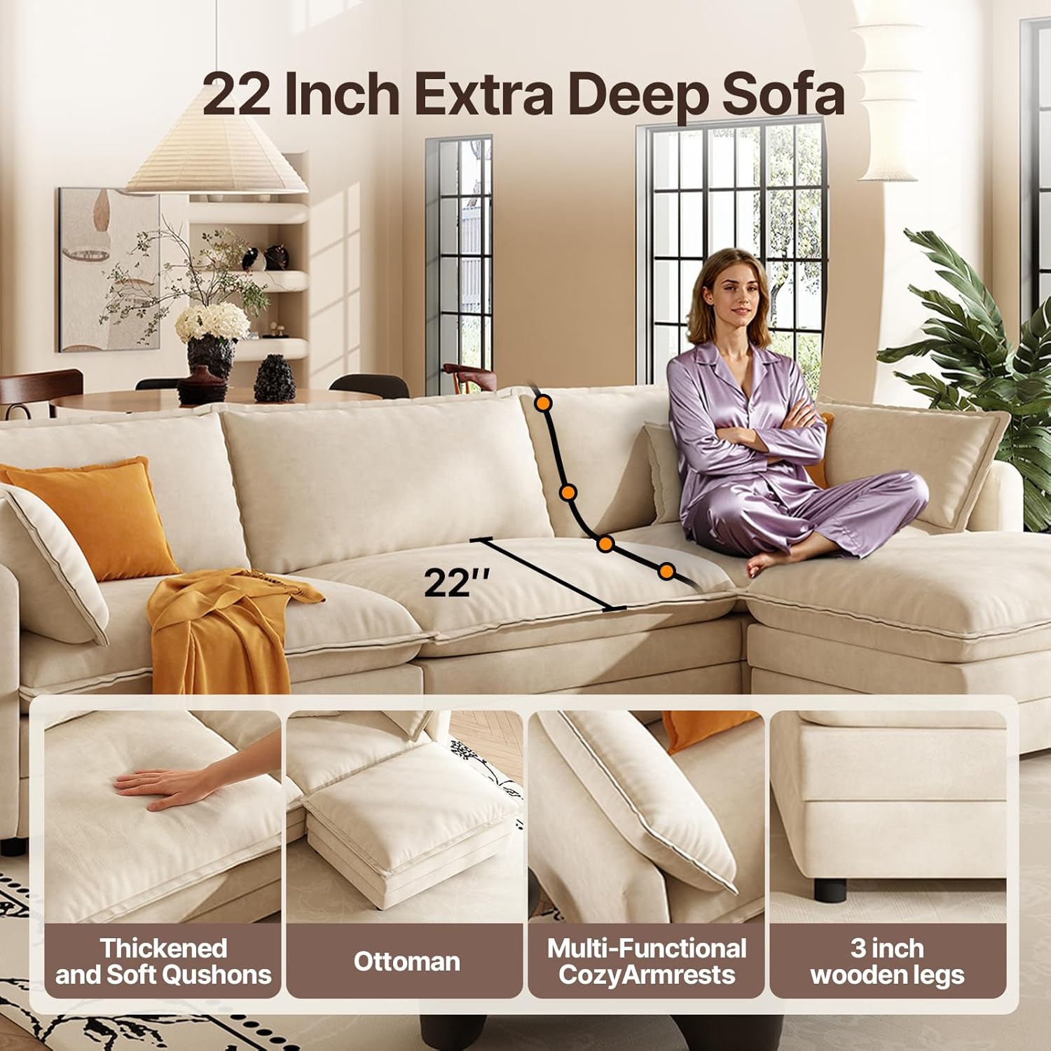 Shaped Modern Sofa Modular Sectional Cloud Couch, 114 Inch L Shaped Couch Set for Living RoomBedroom and Apartment, 4-Seater Comfy Cloud Couches with Movable Ottoman, Chenille, (Beige, 114 Inch-L) - Image 4