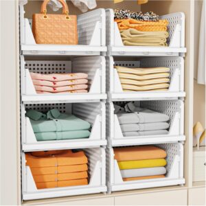 SNSLXH 5 Pack Stackable Closet Storage Basket, Multifunctional & Foldable Closet Organizer for Bathroom Kitchen Laundry Room Wardrobe Storage, Space-Saving Clothes Storage Drawer Organizer, White