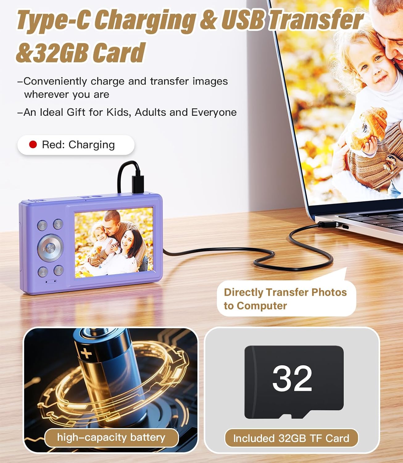 2025 New Digital Camera, 56MP FHD 1080P for Kids with 16x Digital Zoom Anti Shake, Face Detect, Smile Capture, 32GB TF Card, Battery, Lanyard, a Great Gift for Boys & Girls(Purple) - Image 6