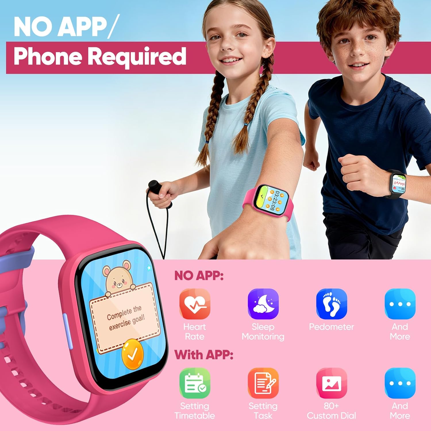 Smart Watch for Kids No APP/Phone Needed, HD Touch Screen Fitness Tracker with Heart Rate, Sleep Monitor, IP68 Waterproof Smartwatches with Pedometer, Alarm Clock, Gifts for Kids Ages 4-12 - Image 3